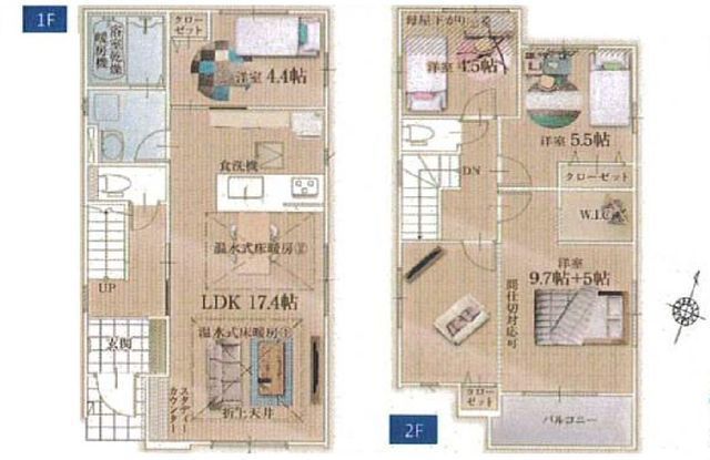 間取図/区画図:【南側道路で陽当たり良好！2沿線利用可の茅ヶ崎駅まで徒歩圏内】カースペース並列2台可LDK床暖房・食洗機・WICなど設備充実キッチンから直接洗面室に出入りできる家事動線を考えたプラン
