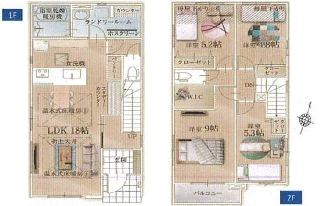 間取図/区画図:【南側道路で陽当たり良好！2沿線利用可の茅ヶ崎駅まで徒歩圏内】カースペース並列2台可LDK床暖房・食洗機・WICなど設備充実キッチンから直接洗面室に出入りできる家事動線を考えたプラン