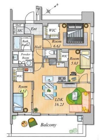 間取図/区画図:【2023年築のリゾートレジデンス!駅徒歩5分、江ノ島線も6分で利用可能!】ディスポーザーや床暖房等充実の設備!南東向きバルコニーで陽当り良好です!