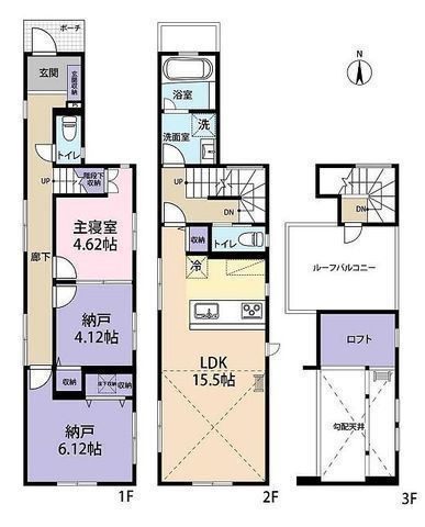 間取図/区画図:【断熱等性能等級5・一次エネルギー消費量等級6の省エネ住宅!】屋上ルーフバルコニー、食洗機、ほっカラリ床など充実の設備!ロフトのある15.5帖のLDK!