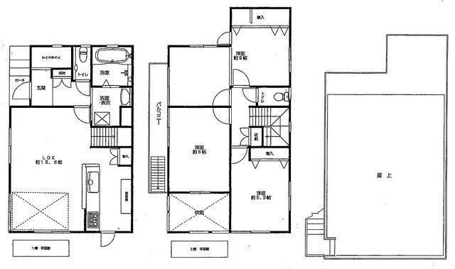 間取図/区画図:【旭化成ホームズ施工の屋上付き軽量鉄骨造住宅!角地につき解放感ある立地!】15.5帖のリビングは窓のある吹抜!駐車場2台可能です!