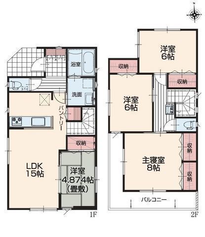間取図/区画図:【入谷駅徒歩12分！角地のため通風・陽当たり良好！カースペース並列2台可】使い勝手の良いL字型バルコニーセカンド洗面・パントリーなど設備充実1階洋室は畳敷
