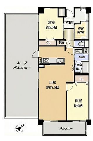 間取図/区画図:【かしわ台駅徒歩10分の好立地！水回り一新フルリフォーム完了】南西13.9坪の広々ルーフバルコニーと南東バルコニー書斎2帖やSICなど便利な設備豊富