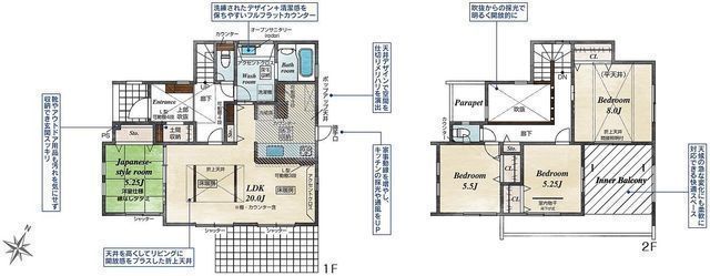 間取図/区画図:【安心の耐震構造住宅、性能評価書付！敷地71坪のテラス付き4LDK！】LDK20帖、主寝室8帖！駐車場並列2台、南西庭！モデルハウスございます！