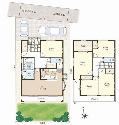 間取図/区画図:【敷地46坪以上、125平米以上の4LDK！オール電化、高断熱住宅！】駐車場2台可能！太陽光発電システム付き！庭先4.5ｍのゆったりとしたお庭です！
