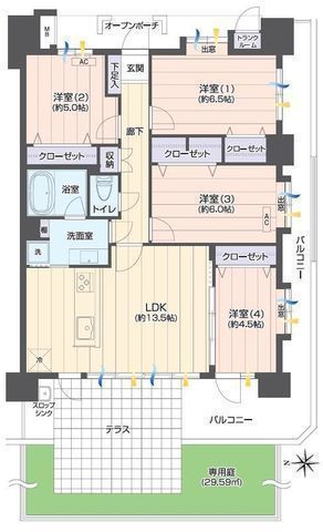 間取図/区画図:【南向きL字バルコニー・専用庭・テラス付きフルリフォーム済】共用施設充実ディスポーザーや食洗機、新規エアコン2基など設備充実高座渋谷駅徒歩12分