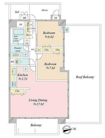 間取図/区画図:【2005年築で建物綺麗！駅徒歩6分、48平米以上のルーフバルコニー！】三方角部屋で陽当りよく解放感ある間取！空家につき即内覧可能です！