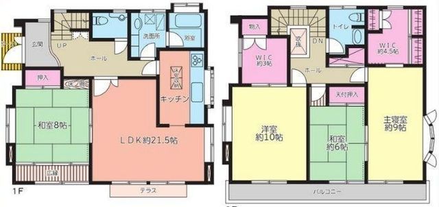 間取図/区画図:【駅徒歩7分、角地、土地45坪のダブルWICの大型4LDK！】LDK21.5帖、主寝室10帖、全室南向き！スーパー、コンビニが徒歩7分以内の好立地！