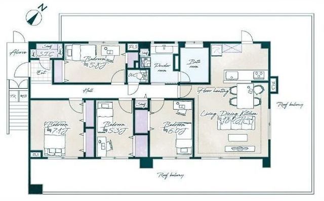 間取図/区画図:【専有面積102平米、三面バルコニーの4LDK！陽当たり眺望良好です！】床暖房付きLDK18帖、主寝室7.1帖！小学校やドラッグストア徒歩3分以内！オール電化住宅！