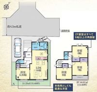 間取図/区画図:【安心の耐震構造住宅、性能評価書付！小中学校・スーパー徒歩8分以内！】全室二面採光の4LDK！即内見できるモデルハウスございます！