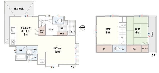 間取図/区画図:【相鉄本線「希望ヶ丘」駅徒歩15分!地下車庫完備、全室6帖以上の2LDK】地下車庫1台可南向きバルコニーのため陽当たり良好水害被害の低い高台の家