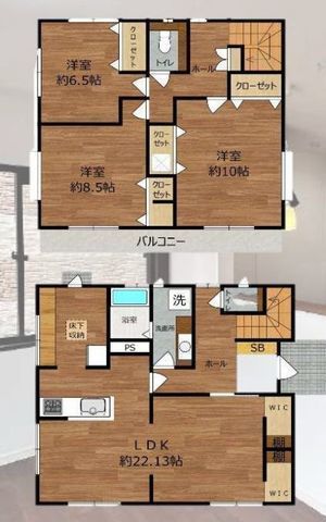 間取図/区画図:【土地広々68坪！旧ミサワホーム施工！内外装フルリフォーム！】LDK22帖、主寝室10帖のゆとりある間取！南側畑で陽当り良好！駐車場3台可能！