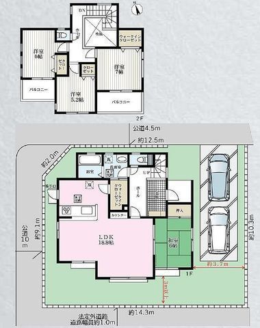 間取図/区画図:【角地で解放感ある敷地48.3坪、カースペース2台可能!】安全で使い勝手のいいオール電化住宅!吹抜けの玄関、ダブルWIC!