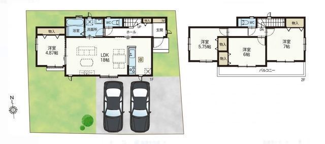 間取図/区画図:【長期優良住宅認定×住宅性能評価取得の4LDK！カースペース並列2台可】全室南向きのため陽当たり良好多用途に使える南向きお庭スペース全室収納あり