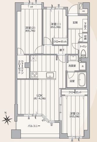 間取図/区画図:【2線利用可の大和駅徒歩4分!ペット飼育可能なリフォーム済マンション!】全室収納、ウォークインクローゼット!オートロック、宅配ボックスなど設備充実!