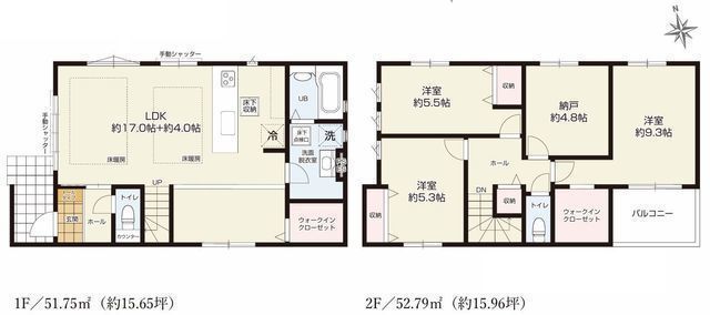 間取図/区画図:【20帖以上の広々LDKが魅力の3LDK+S!全室2面採光のため陽当たり良好】ゆとりあるカースペースは2台駐車可床暖房、ダブルWICなど設備充実