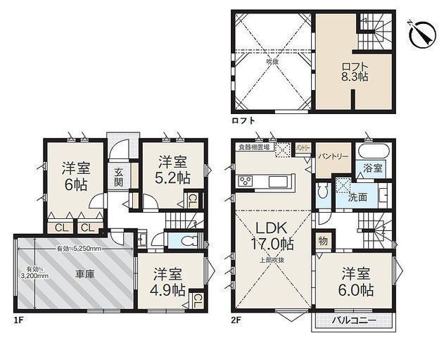 間取図/区画図:【角地につき解放感ある39坪！小学校や商業施設徒歩10分以内の好立地！】駐車場2台可能！固定階段のロフトやダブルパントリーで収納豊富な4LDK！