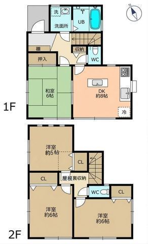 間取図/区画図:【全居室収納完備の4DK!北側公道幅員約6.5mで開放感◎】カースペース1台可多用途に使えるお庭スペーススーパー・小学校が近く周辺環境充実