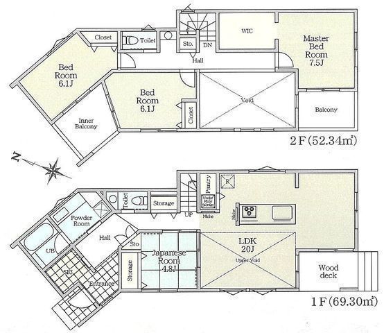 間取図/区画図:【土地395平米、建物121平米！吹抜のある大型4LDK！駐車場並列3台！】ウッドデッキやインナーバルコニー、75平米の南庭！空家につき即内覧可能です！