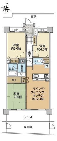間取図/区画図:【いずみ中央駅徒歩8分！テラス・専用庭（無料）のあるリフォーム済3LDK】南向きのため陽当たり通風良好ペット飼育可浴室は「楽湯」「きれい除菌水」完備