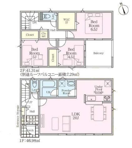 間取図/区画図:【綾瀬市早川の新築分譲全6棟。南向きLDK16帖以上の開放的な空間】カースペース2台以上駐車可全居室南向きで陽当たり良好耐震等級3＋制振装置搭載住宅性能評価ダブル取得防犯カメラ完備