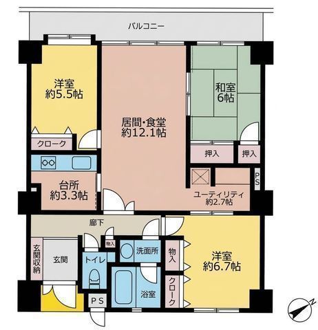 間取図/区画図:【香川駅徒歩9分!15.4帖のLDKに加えユーティリティ(家事室)を完備】集中できる空間を確保できる独立キッチン全居室に収納スペースを完備1階住戸のため下階への振動や音を気にせず過ごます
