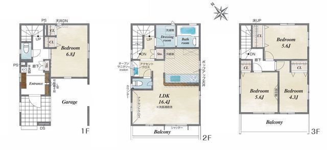 間取図/区画図:【小田急相模原駅徒歩10分！ビルトイン駐車場採用！住宅性能評価ダブル取得】南西向きのため陽当たり良好1階玄関近くに手洗い器設置生活動線に配慮した設計