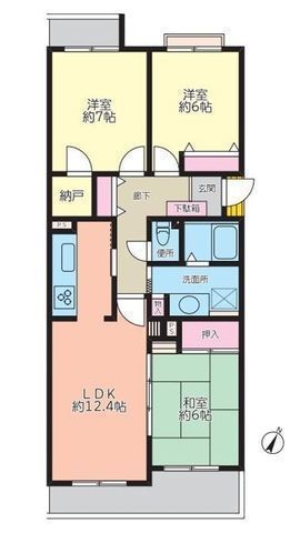 間取図/区画図:【窓サッシ交換済・ペアガラス採用の3LDK!納戸付きで収納面も充実】南向きバルコニーのため陽当たり良好調理に集中できる独立キッチンお買い物も子育て世帯にも便利な立地です