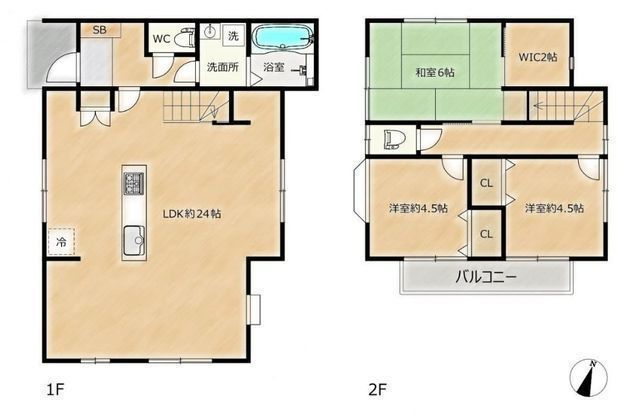 間取図/区画図:【LDK24帖の広々空間!開放感のあるアイランドキッチン採用】全室収納!WICも完備南向きバルコニーで陽当たり良好スーパーや学校が近く周辺環境充実