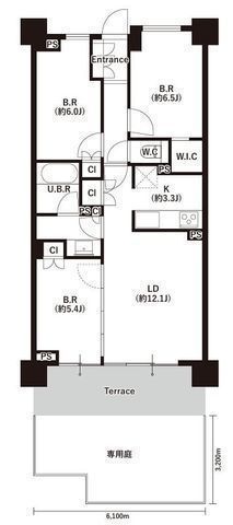 間取図/区画図:【海を身近に感じる専用庭付き3LDK！2019年築の築浅マンション】カフェラウンジやビューテラス、キッズルームなど充実した共用施設階下への騒音配慮が不要サーフボード置場や温水シャワー完備
