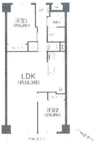 間取図/区画図:【高台南西向きで陽当り眺望良好な新耐震基準適合リノベーションマンション！】LDK18帖、主寝室6.2帖！小学校、コンビニ、スーパー徒歩10分以内！