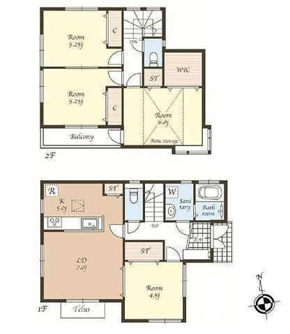 間取図/区画図:【小屋裏収納とWIC付きの4LDK!南側隣地通路部分で陽当り良好!】駐車場2台可能!前面道路幅員4.5mで駐車もらくらく!