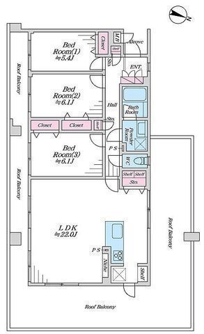 間取図/区画図:【駅徒歩5分の好立地！54平米の最上階三方角部屋・バルコニー！】内装リノベーションで室内大変綺麗です！小学校、コンビニ、スーパー徒歩7分以内！