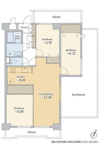 間取図/区画図:【2026年3月フルリノベーション済!小田急相模原駅より徒歩5分の好立地】27平米以上のルーフバルコニー+2バルコニー付陽当たり・通風・眺望良好ペット飼育可能