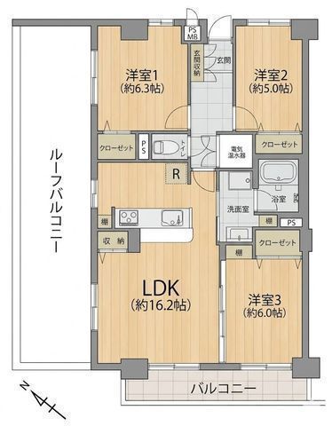 間取図/区画図:【最上階角部屋ならではの開放感！24平米超のルーフバルコニー付き】2026年4月下旬フルリフォーム完工予定高台に立地のため陽当たり・眺望・通風良好食洗機や浴室乾燥機、宅配BOXなど設備充実