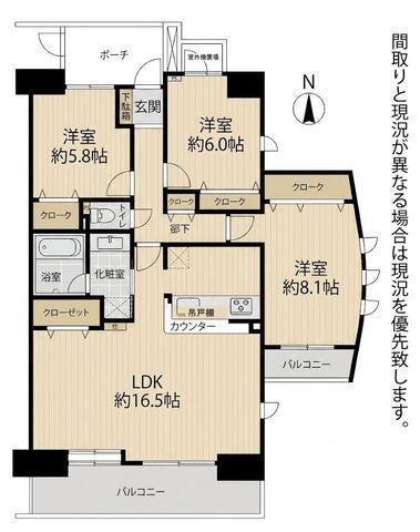 間取図/区画図:【東南角部屋につき陽当たり・通風良好!リフォーム済みの3LDK】茅ヶ崎駅まで徒歩圏内、バス利用可オートロック完備南向き二面バルコニーで開放的な住空間