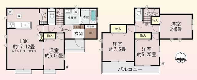 間取図/区画図:【家具付き販売！カースペース2台可！全室南向きで陽当たり良好】南側道路幅員6.5ｍで開放感あり、車の出入れもスムーズ◎全居室収納＋パントリー、SIC完備海老名駅バス便も運航本数が多く便利