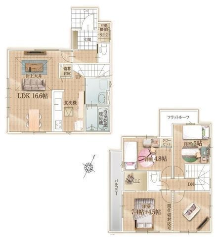 間取図/区画図:【即内覧可能！ZEH水準の省エネラベル住宅！全室二面採光、南西向き！】建物・地盤保証付き！小中学校、コンビニ、スーパー徒歩10分以内！
