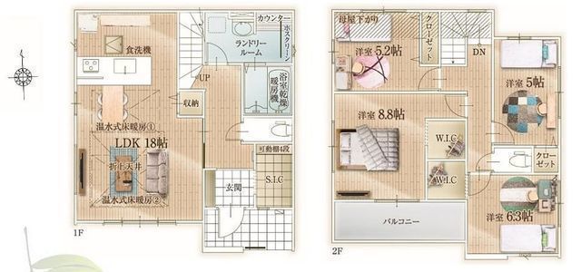 間取図/区画図:【完成済につき即内覧可能！駅徒歩4分、土地42坪！駐車場並列2台可能！】LDK18帖、主寝室6.3帖！海まで徒歩14分の徒歩圏です！
