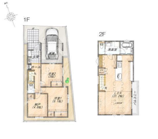 間取図/区画図:【完成しました！21.2帖の広々LDKは吹き抜けのある開放的な空間】家事動線を追求した2SLDK暮らしを豊かにする工夫を凝らした設備充実