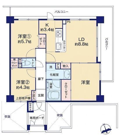 間取図/区画図:【藤沢本町駅徒歩10分、藤沢駅徒歩15分！2026年4月新規リノベーション済み3LDK】3面採光・角住戸の開放感、陽当たり良好水回り一新！設備充実