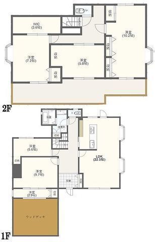間取図/区画図:【空家につき即内覧可能！土地72坪、建物5LDK+ウッドデッキ！】南道路で陽当り良好、駐車場4台可能！小学校・スーパー徒歩5分以内で生活便利な立地です！