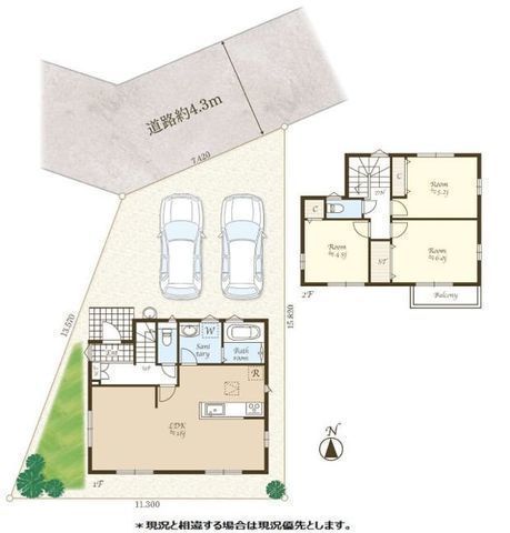 間取図/区画図:【敷地125m2超!平成28年築のゆとりある3LDK中古戸建】カースペース並列2台可広々18帖LDKは人気の対面キッチン室内大変綺麗にお使いです