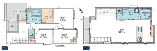 間取図/区画図:【鵠沼海岸駅徒歩7分、海まで700m！LDK23.7帖の開放感溢れるデザイン住宅】並列2台駐車可能周辺環境充実外シャワーから洗面室へ直結動線が魅力湘南の海街に映えるデザイン住宅