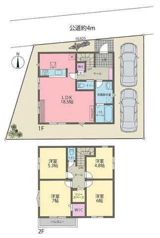 間取図/区画図:【完成しました！即内覧できます！閑静な住宅街に誕生した4LDK】カースペース2台可主要採光南向きで陽当たり良好買い物に便利な周辺環境