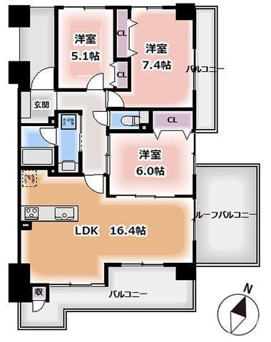 間取図/区画図:【即内覧可能!最上階・南東角部屋で明るく解放感ある間取です!】二面バルコニー・ルーフバルコニー付き!ペット飼育可能!