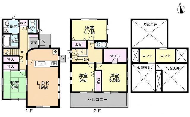 間取図/区画図:【角地に位置し全室2面採光以上！明るく風通良好な4LDK＋WIC】多用途に使える広々南向きお庭スペース2階居室は勾配天井で開放感ありロフト2か所あり