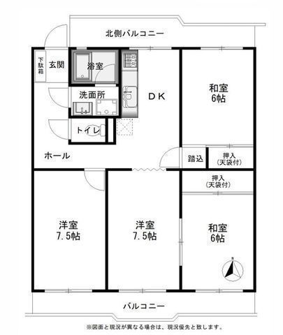 間取図/区画図:【最上階!即内覧できます!辻堂海浜公園が身近な南向き4DK】南向き両面バルコニーのため陽当たり通風良好湘南ライフやリフォームを楽しみたい方におすすめ♪