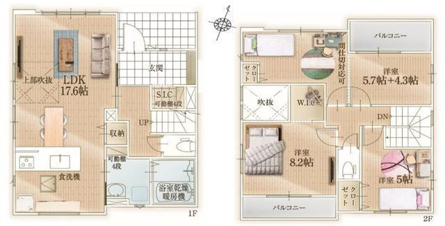 間取図/区画図:【即内覧できるモデルハウスあり!土地37坪、駐車場並列2台のの新築戸建!】ZEH水準の省エネラベル住宅!二面バルコニーで明るく解放感のある間取です!