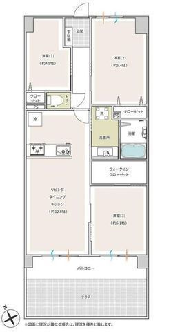 間取図/区画図:【即内覧できます!南西向きで陽当り・通風良好!家具付き販売の3LDK】新規デザインフルリノベ完了広々とした屋外テラス付きペット飼養可